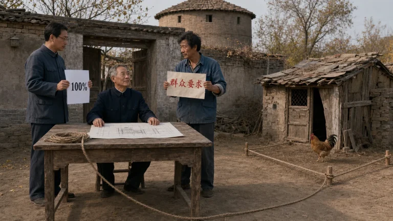 村委会院里的长桌上摊着新粮仓图纸，村长按住图纸，二狗举着写有群众要求的红字告示，大明展示标有“100%”的汇总表，一根麻绳从桌边延伸出去并圈住门外旧鸡窝，黄褐色公鸡站在绳内