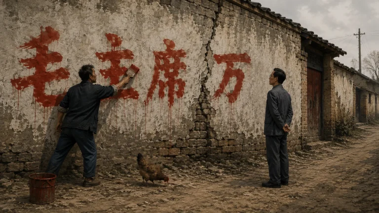 二狗拿着红漆刷在开裂的村墙上补写红字，大明站在右侧背着手看，黄褐色鸡在两人之间低头啄地，墙边放着漆桶。