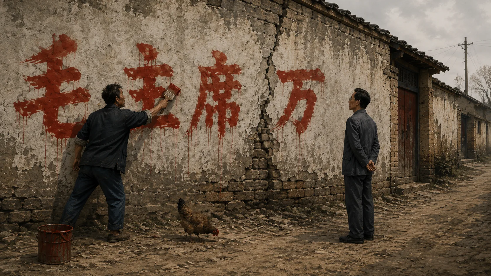 二狗拿着红漆刷在开裂的村墙上补写红字，大明站在右侧背着手看，黄褐色鸡在两人之间低头啄地，墙边放着漆桶。