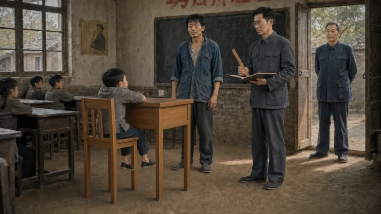 秋日的村小学教室里摆着整齐的新课桌，小满坐在第一排，双脚悬在黄土地面上方；二狗站在红字墙前，大明拿着木尺和登记表，村长从门口查看教室