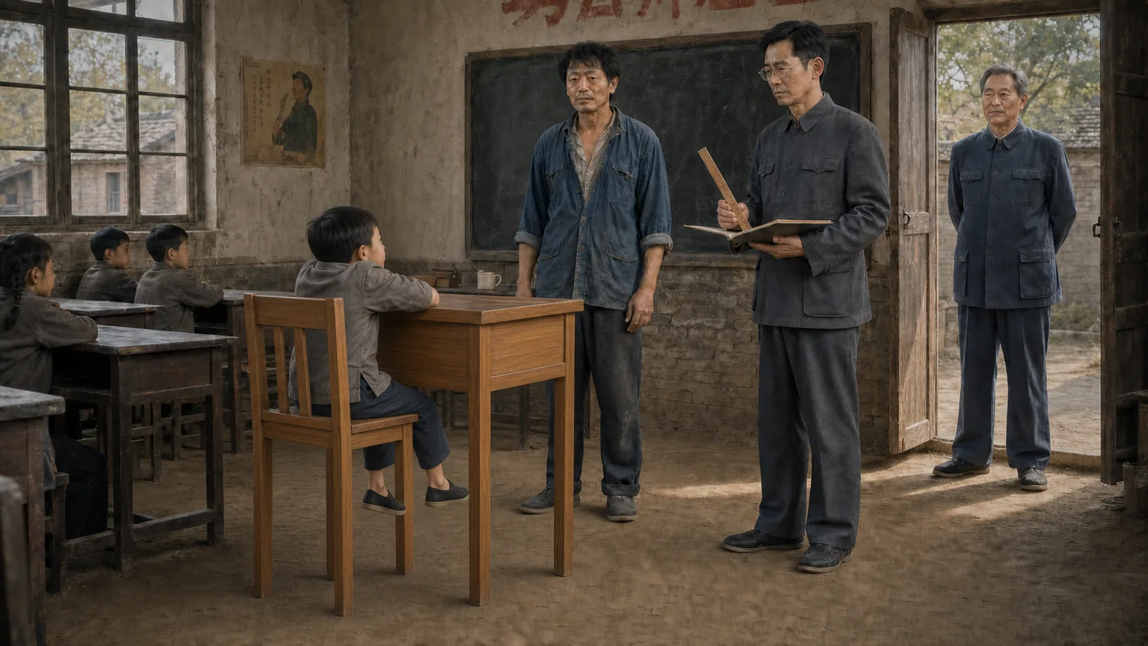 秋日的村小学教室里摆着整齐的新课桌，小满坐在第一排，双脚悬在黄土地面上方；二狗站在红字墙前，大明拿着木尺和登记表，村长从门口查看教室