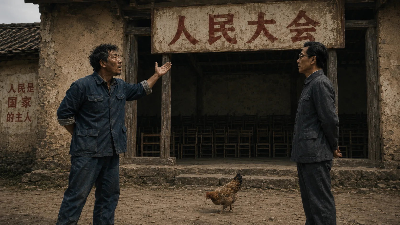 二狗抬手向大明说话，两人身后是挂着“人民大会”牌子的祠堂门，门内排列着空木椅，黄褐色鸡停在门前石阶下。