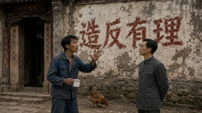 二狗站在写有“造反有理”的旧墙前，一手端着搪瓷缸，另一手抬起说话；大明背着手站在右侧，黄褐色鸡在两人之间啄地。