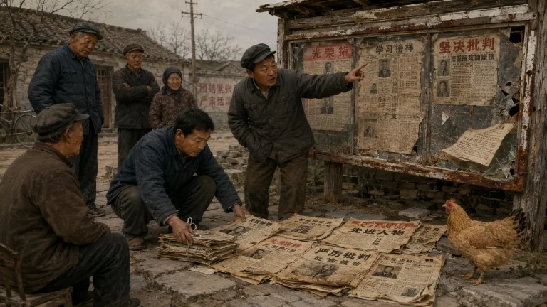 破旧阅报栏前，一名村民抬手指向栏内报纸，另一人蹲在石板上整理铺开的旧报，几位村民围在一旁，黄褐色鸡站在报纸边。