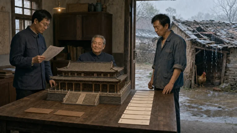 村委会评审屋里，村长坐在大礼堂木模型后，大明拿着专家名册，二狗站在十份签字报告旁，桌边另放着两块翻扣的名牌，门外黄褐色公鸡躲在漏雨的鸡窝下