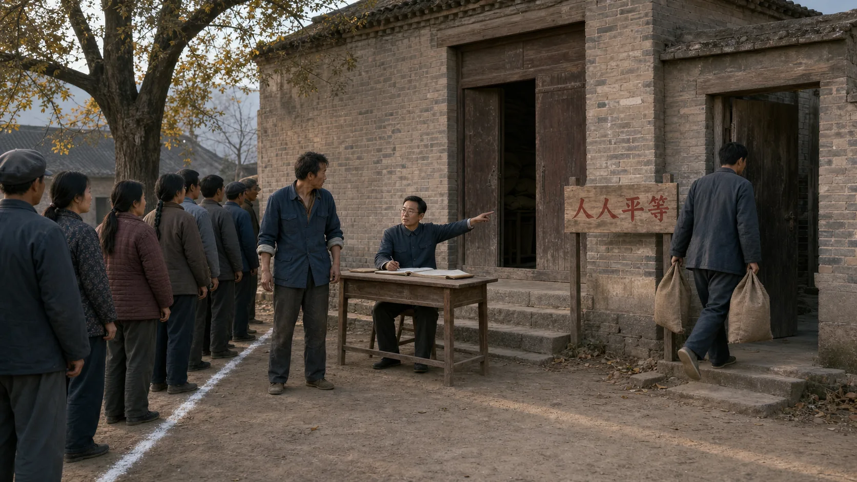 粮仓门前村民沿白灰线排队，村长的儿子提着两只空口袋绕过人人平等木牌走进侧门，大明坐在发粮桌旁指向侧门询问，二狗站在队伍前维持次序
