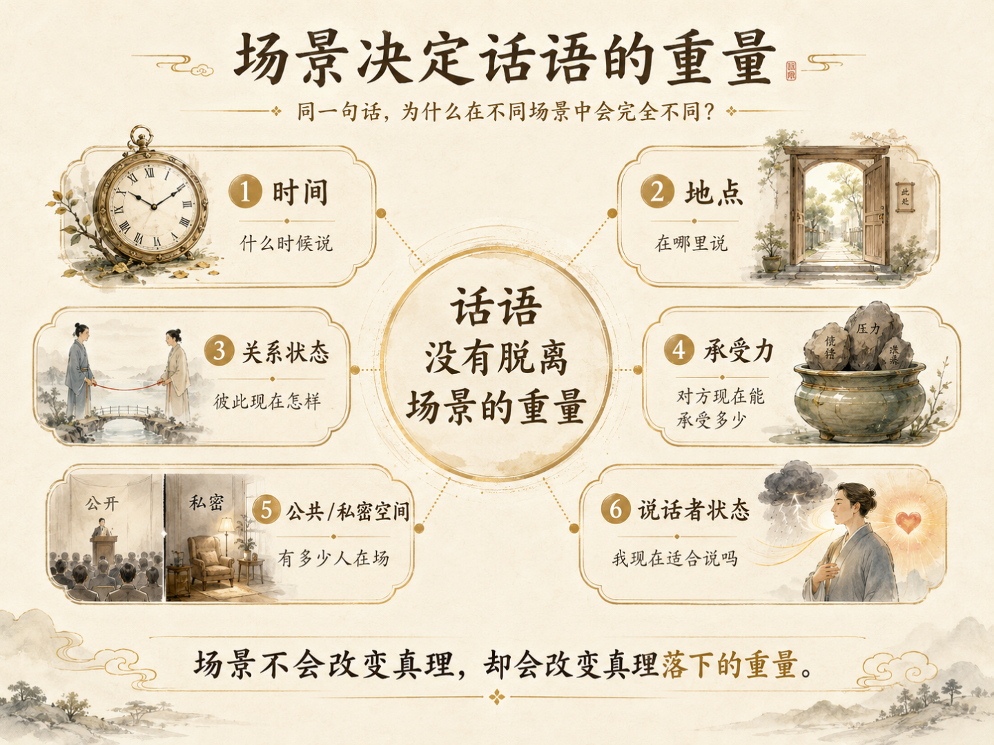 一张浅米色淡彩中文概念图,中央写着“话语没有脱离场景的重量”,周围连接六个场景因素:时间、地点、关系状态、承受力、公共或私密空间、说话者状态,并以钟表、敞开的门、相连的人物、承载石块的容器、公开讲台与私密房间、内心风暴等插画表现。