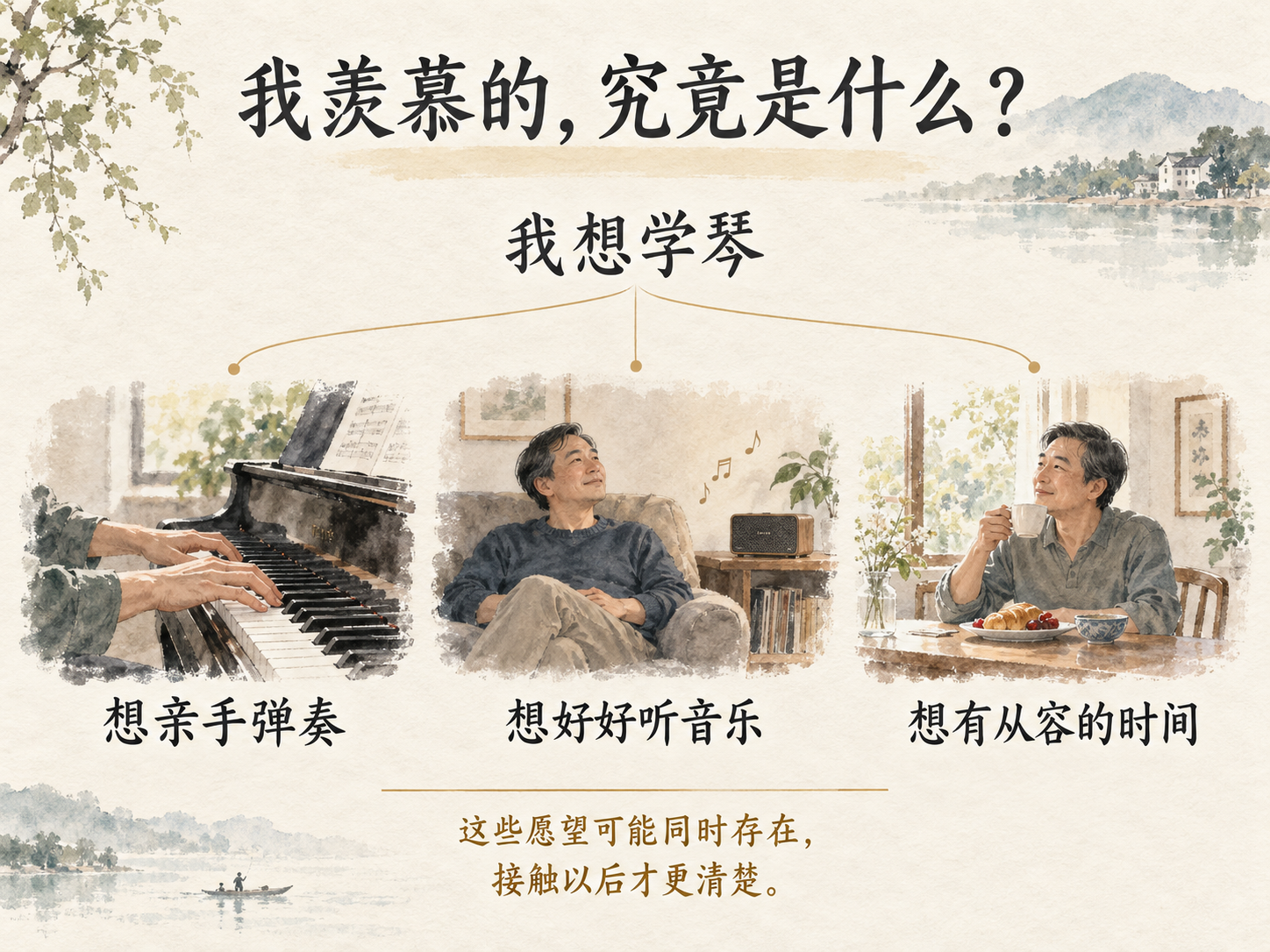 “我想学琴”分出三条并列支线，分别通向弹琴的双手、听音乐的人和早餐桌，标注“想亲手弹奏”“想好好听音乐”“想有从容的时间”；下方注明这些愿望可能同时存在。