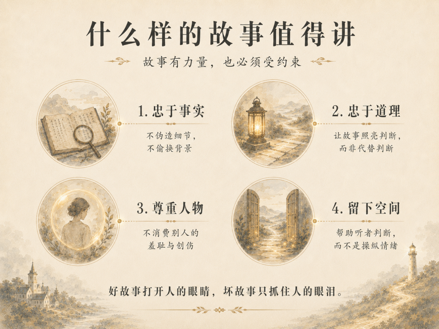 一张浅米色的中文概念图，标题为“什么样的故事值得讲”，列出四项标准：忠于事实、忠于道理、尊重人物、留下空间，并配有放大镜与书页、灯、人物背影和敞开之门等象征插画。