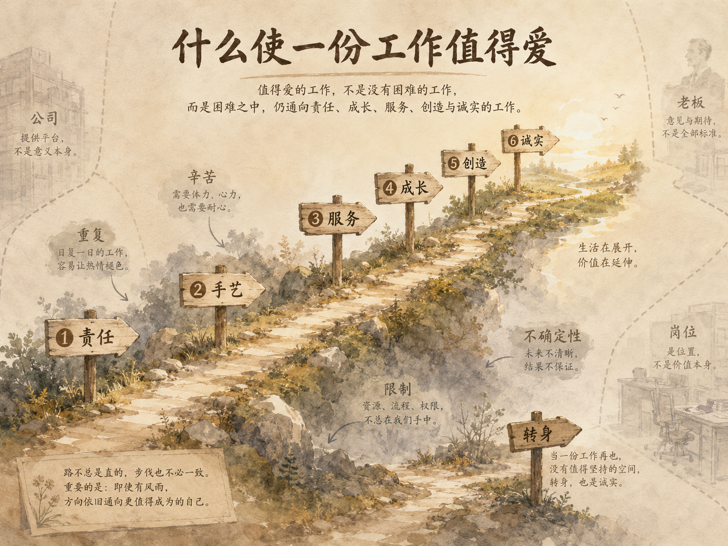 一张4比3的淡彩中文概念图，中央是一条穿过崎岖现实的工作道路，沿路分布责任、手艺、服务、成长、创造和诚实六个路标；道路两侧同时存在重复、辛苦、限制和不确定性，远处并非完美终点，而是一片逐渐开阔的光，表现值得爱的工作是在不完美现实中仍有值得承担和生长的部分。