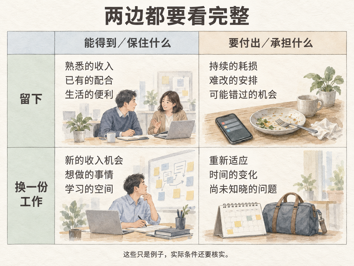 四格对照：留下可保住熟悉的收入、已有的配合和生活便利，也可能承受持续耗损、难改的安排及错过机会；换工作可能带来收入机会、想做的事情和学习空间，也需面对重新适应、时间变化和尚未知晓的问题。
