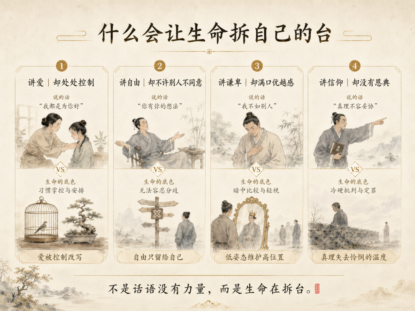 一张四栏对照式淡彩中文概念图,分别表现四种语言与生命的矛盾:讲爱却处处控制,讲自由却不允许别人不同意,讲谦卑却满口优越感,讲信仰却没有恩典;每栏以说出的话与生命底色作上下对照,底部写着“不是话语没有力量,而是生命在拆台”。