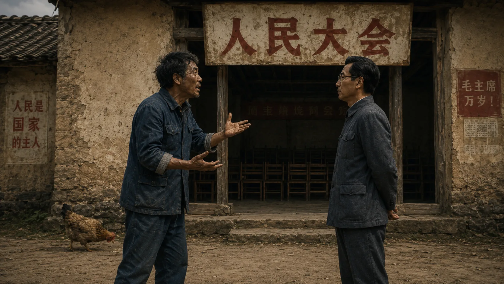 祠堂门口的旧牌子写着“人民大会”,二狗面对大明解释人民是谁,院内摆着长凳,一只土鸡在墙边走动