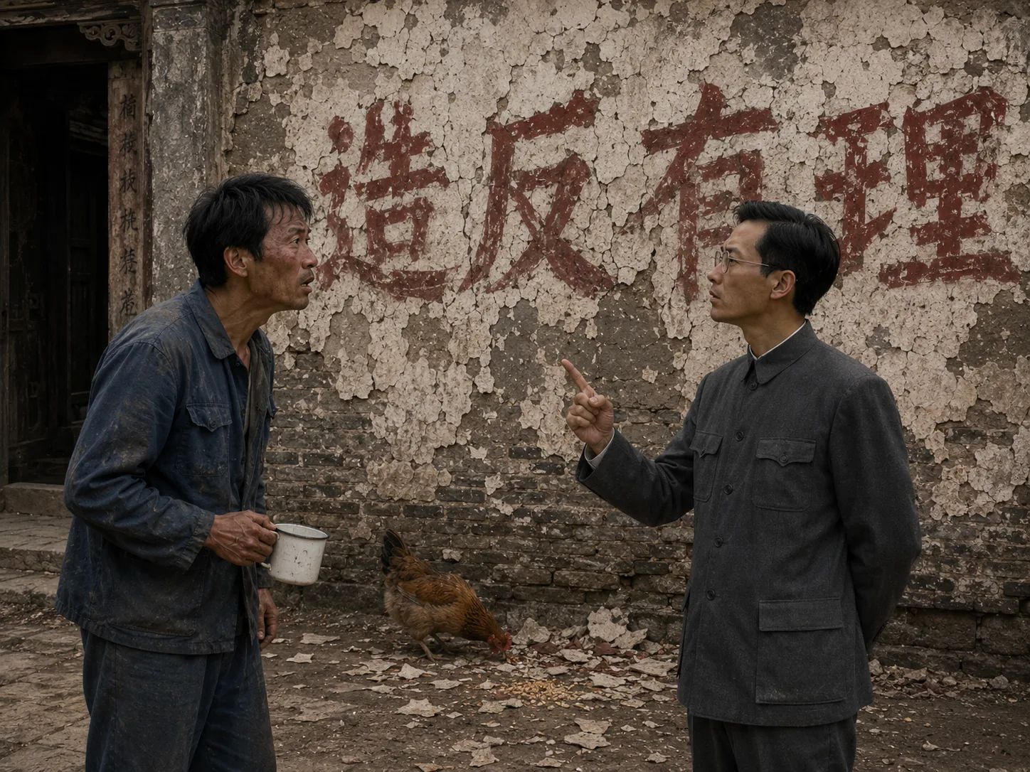 二狗在“造反有理”的旧标语前与大明对峙，大明平静复述逻辑，二狗神色紧张，墙面裂缝与脱落灰皮清晰可见