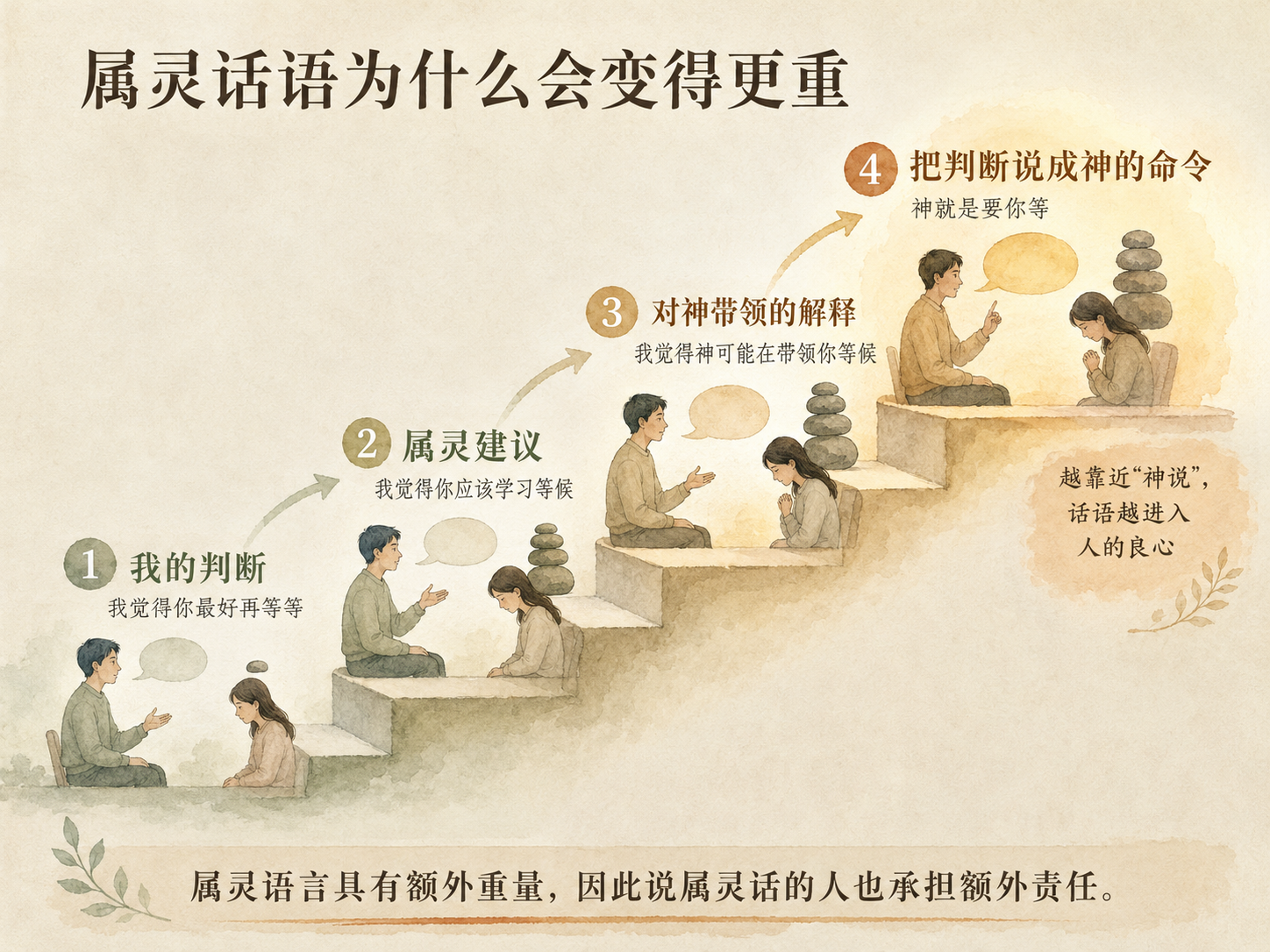 一张四级阶梯式淡彩中文概念图，从“我的判断”逐步上升到“属灵建议”“对神带领的解释”以及“把判断说成神的命令”，旁边以人物和逐渐增加的阶梯高度表现属灵话语权威被放大的过程，并强调越靠近“神说”，话语越进入人的良心。