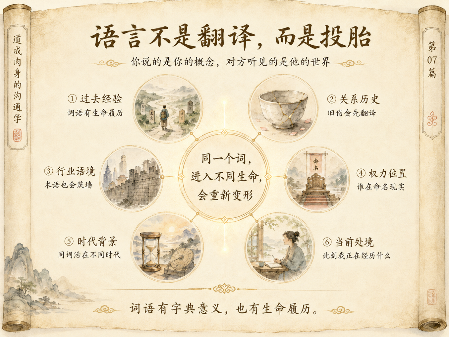 一张卷轴式淡彩中文概念图,中央写着“同一个词,进入不同生命,会重新变形”,周围连接过去经验、关系历史、行业语境、权力位置、时代背景和当前处境六个因素,并配有道路、修补过的碗、城市围墙、权力座椅、沙漏和书桌人物等象征插画。