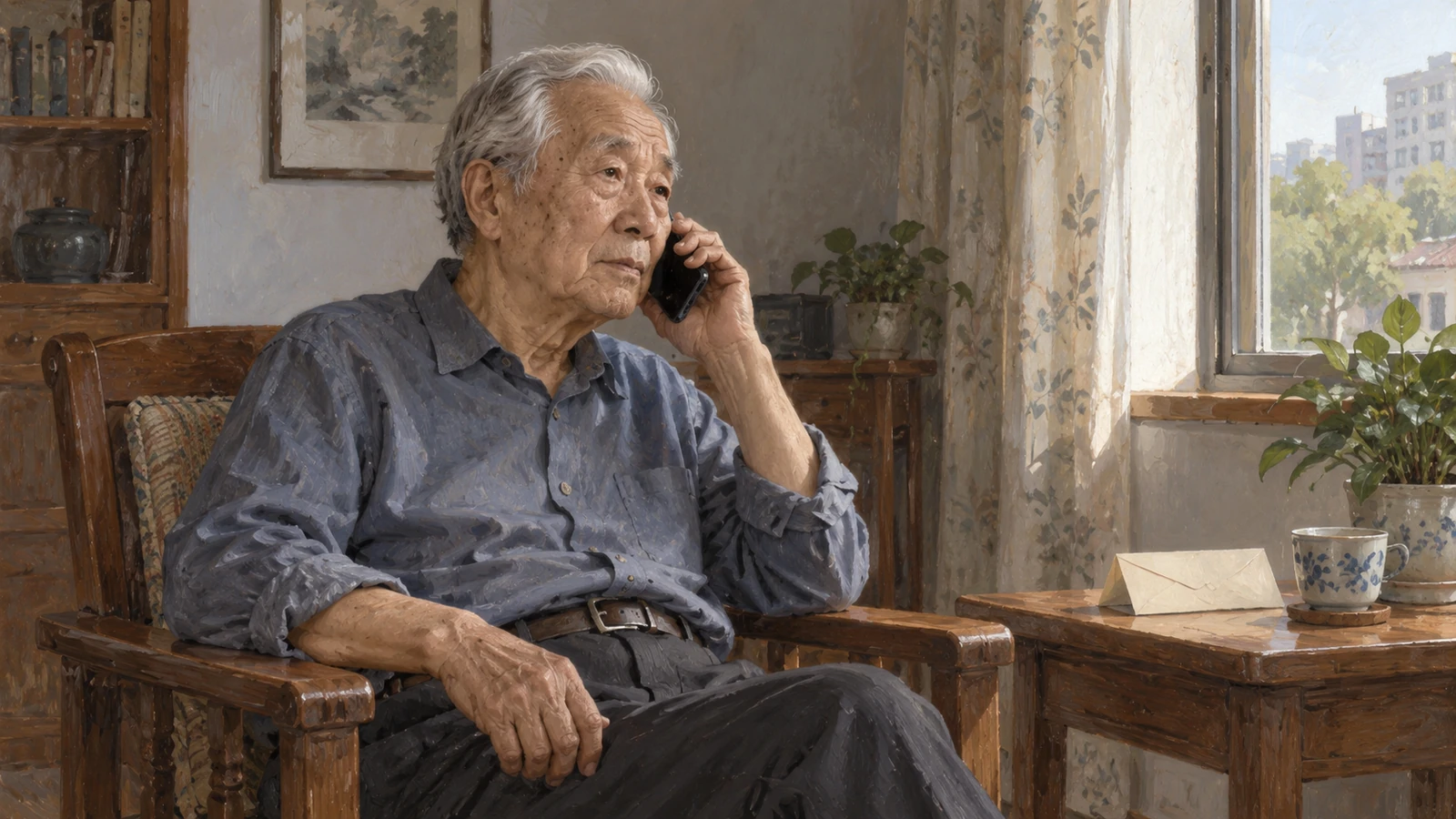 灰白头发的父亲坐在窗边木扶手椅上接电话，身旁小木桌上放着一封信和茶杯。