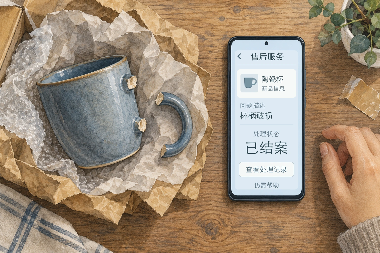 俯视桌面，包装纸里的陶杯断柄放在杯旁；正面朝上的手机显示售后服务、杯柄破损、已结案及查看处理记录等内容，一只手停在手机旁。