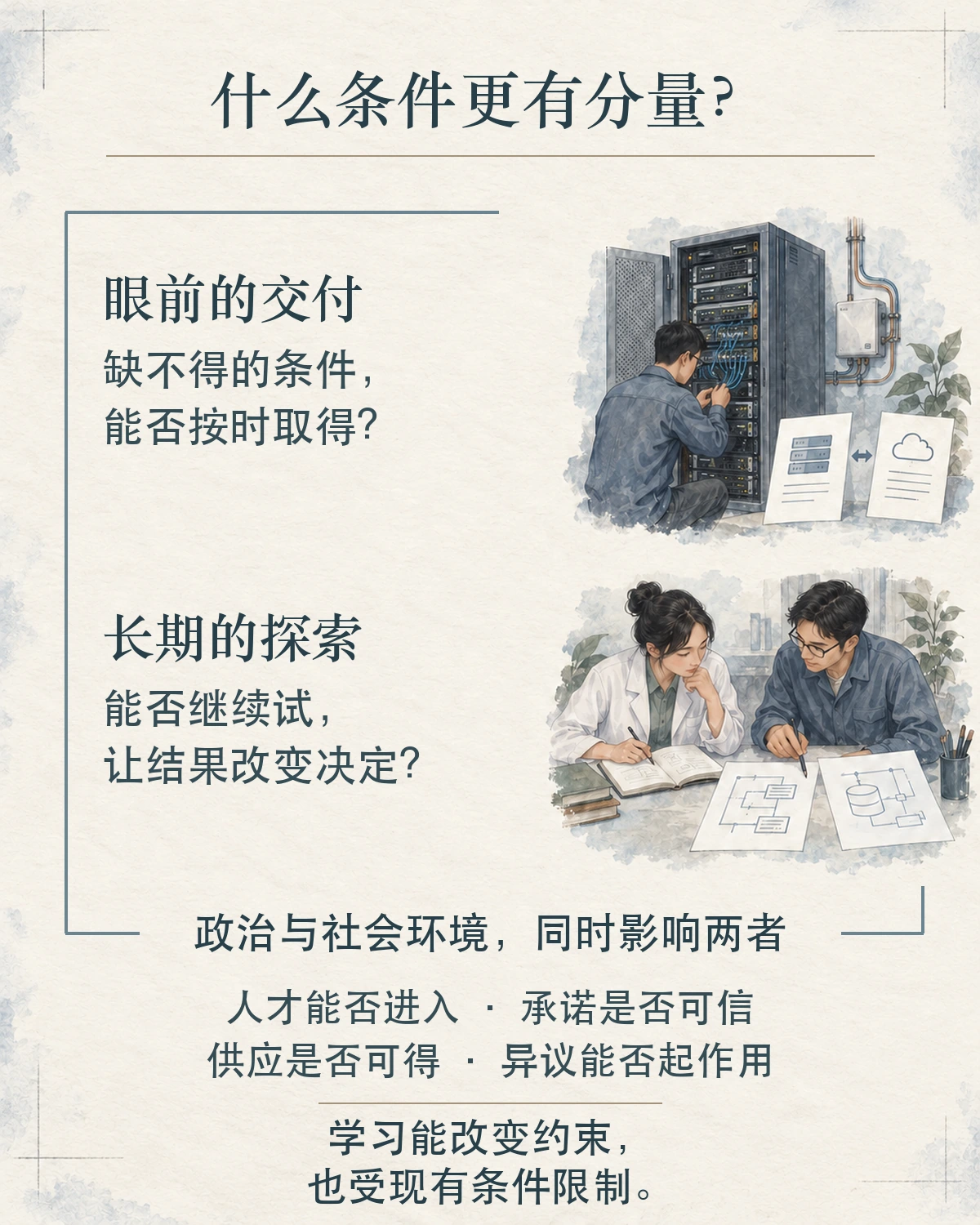 图解上下分别提出眼前交付和长期探索的问题：缺不得的条件能否按时取得，能否继续试并让结果改变决定。连接两部分的外框说明政治与社会环境同时影响两者，包括人才、承诺、供应和异议；页脚强调学习能改变约束，也受现有条件限制。