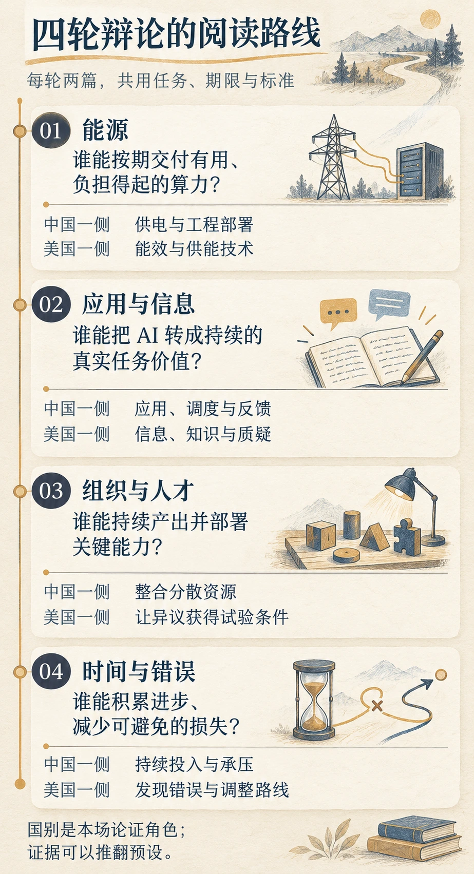 四轮辩论阅读路线:能源、应用与信息、组织与人才、时间与错误。每轮两篇共用任务、期限与标准;国别是论证角色,证据可以推翻预设。