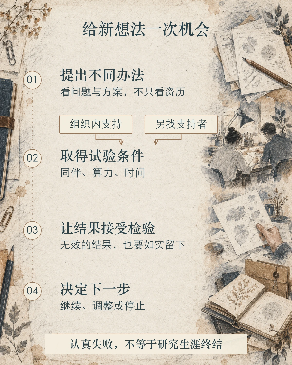 工作簿式图解从提出不同办法，到取得试验条件、让结果接受检验，再决定继续、调整或停止；组织内支持和另找支持者分别通向试验条件，页脚写着认真失败不等于研究生涯终结。