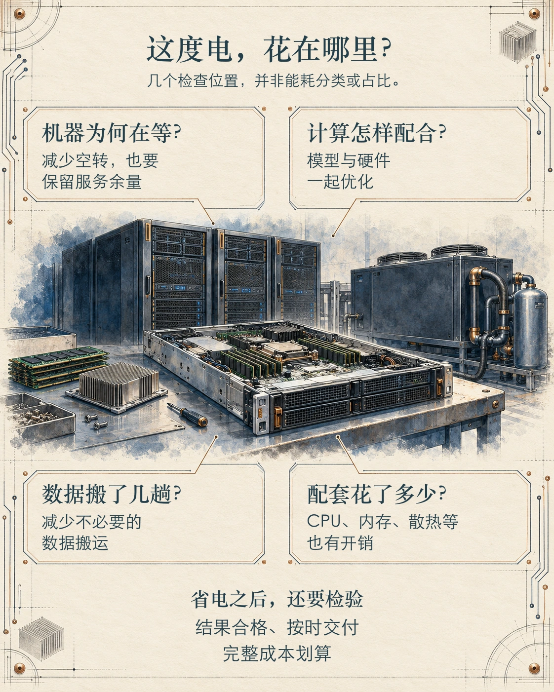 纸纹图解围绕机柜、打开的服务器和冷却设备,提出机器等待、模型与硬件配合、数据搬运、配套开销四个检查问题;底部要求结果合格、按时交付、完整成本划算。