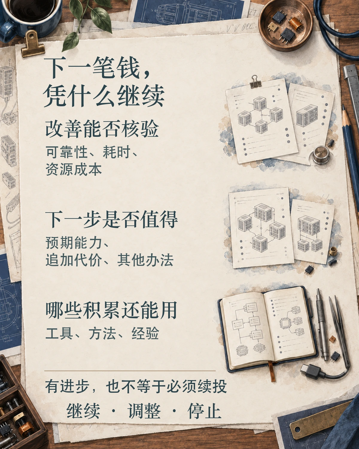 工程复盘纸面上的三组问题:改善能否核验、下一步是否值得、哪些积累还能用。页脚提示有进步也不等于必须续投,并列继续、调整、停止三种去向;右侧是试验记录、互联方案和保存的笔记。
