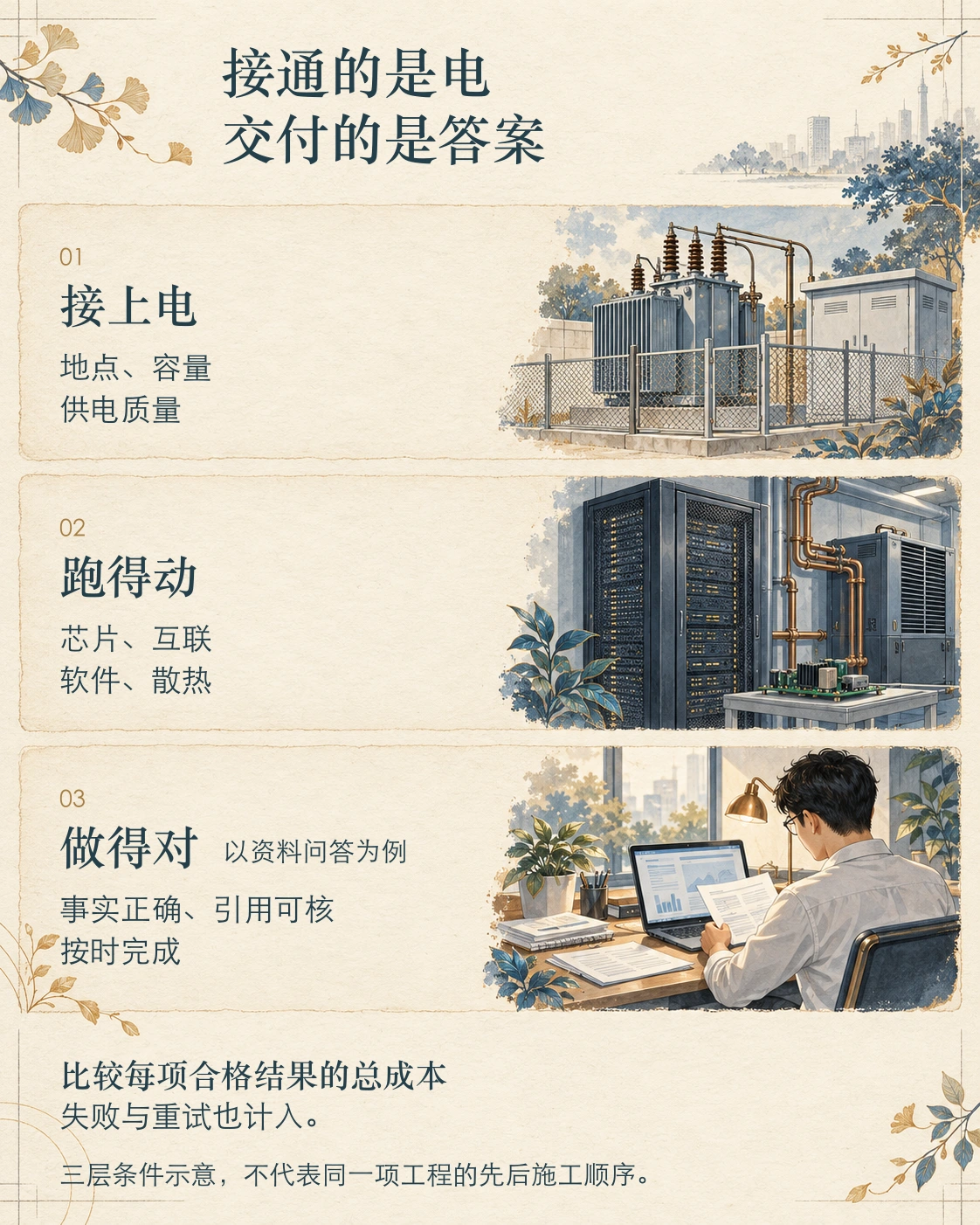 接上电、跑得动、做得对三层条件图解，分别配变电设施、机柜和核对资料的小插画。