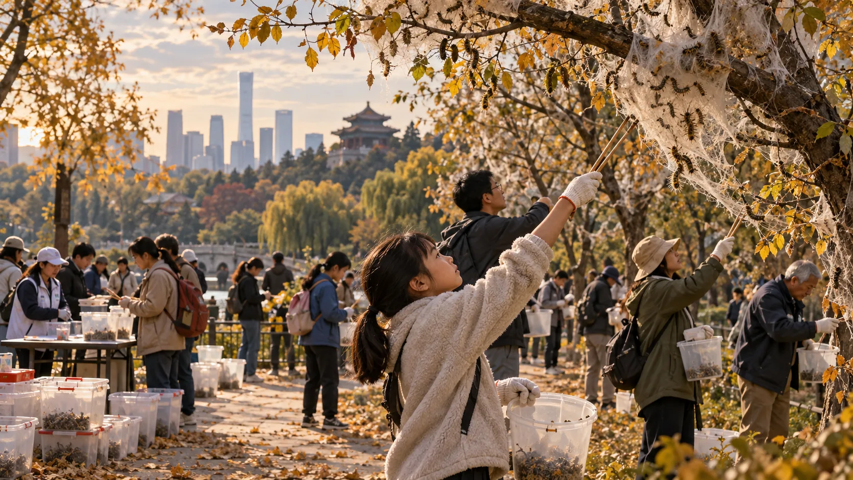 北京公园里市民清除美国白蛾幼虫
