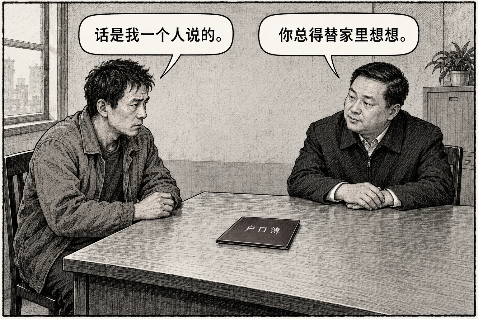 谈话桌左侧的人说“话是我一个人说的。”，右侧办事人员答“你总得替家里想想。”；两人之间平放着一本户口簿。