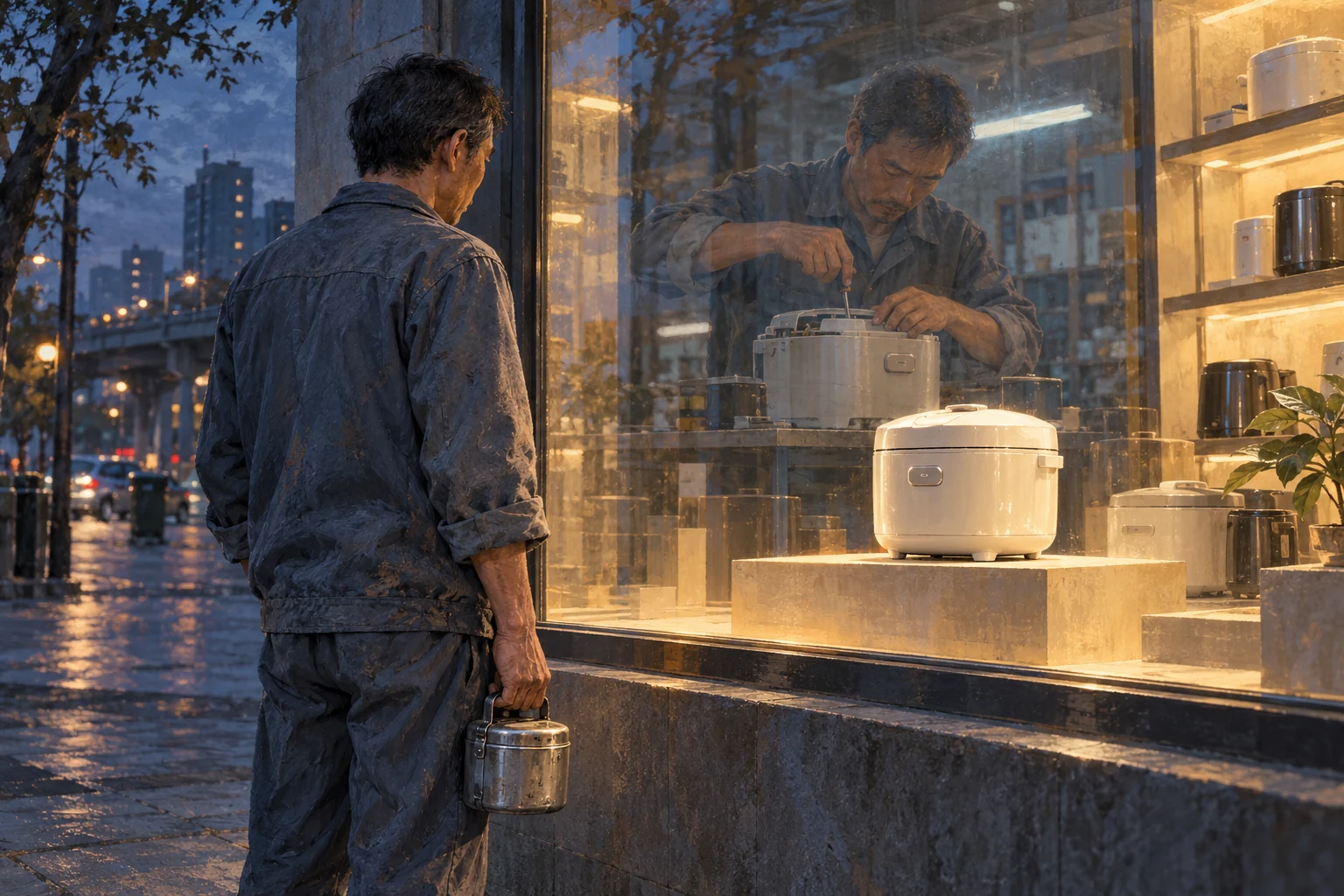 一位拎着金属饭盒的工人站在电器商店橱窗外，玻璃中浮现他装配电饭煲的工作身影，橱窗前方陈列着同款成品。