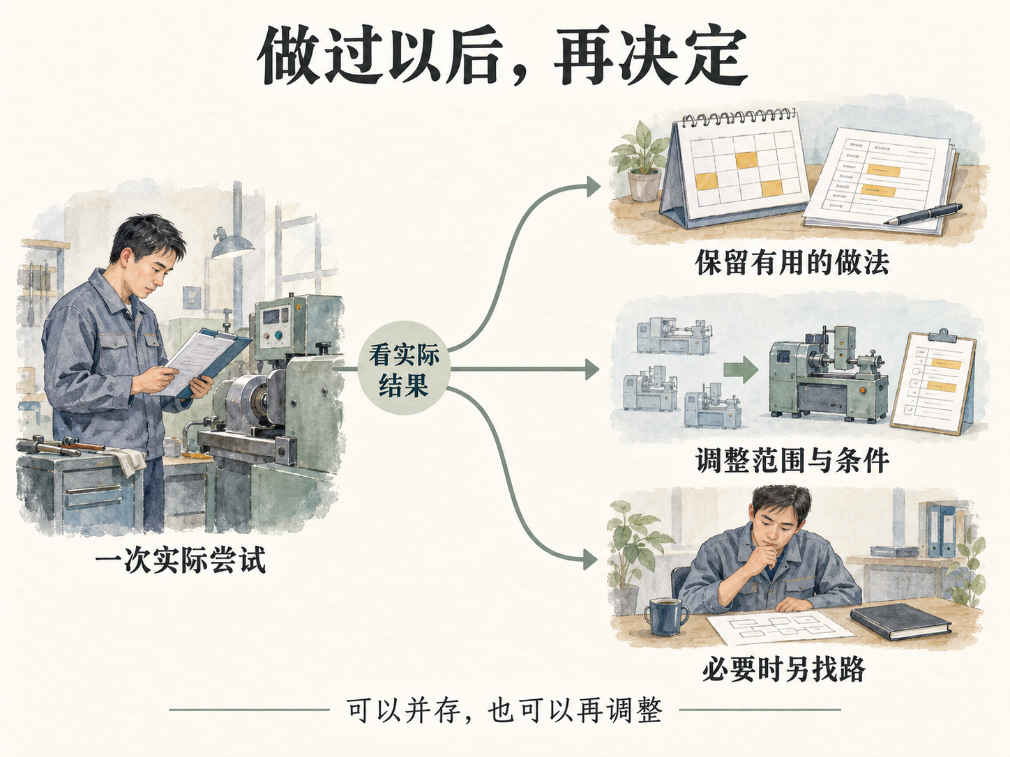 淡彩分支图:左侧“一次实际尝试”经“看实际结果”,向右分出“保留有用的做法”“调整范围与条件”“必要时另找路”三个同等分支;底部注明“可以并存,也可以再调整”。