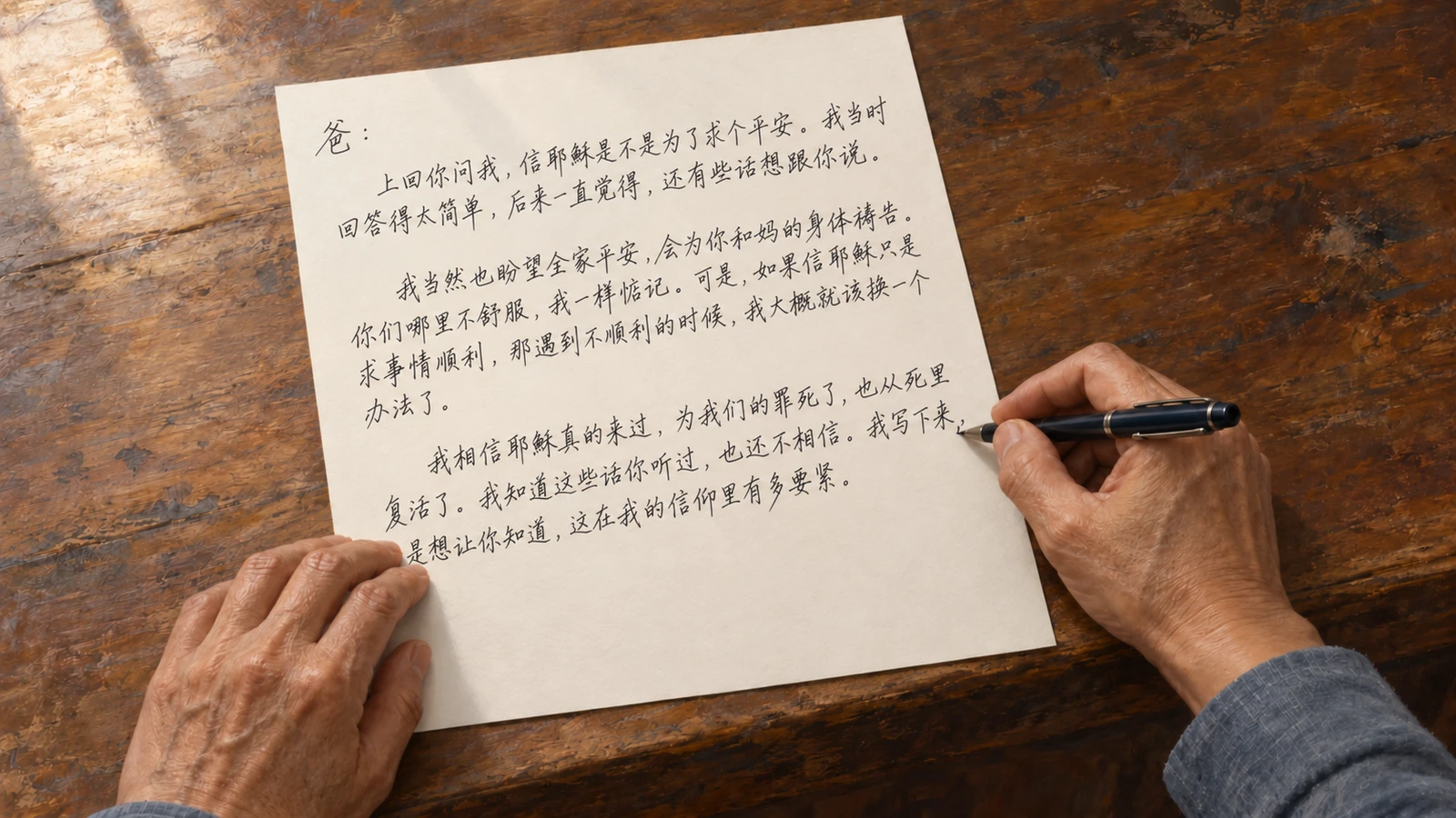 木桌上的信纸写着以“爸：”开头的示范信前半段；一双带皱纹的手，右手执笔，左手轻扶纸边。