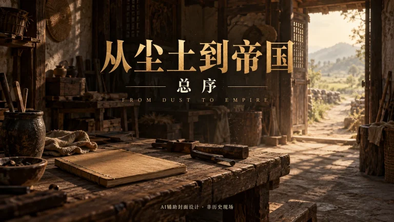 金色“从尘土到帝国”和浅色“总序”置于旧作坊内，前景是木工作台、素面簿册及手工具，右侧门外有一条伸向远处的小路。