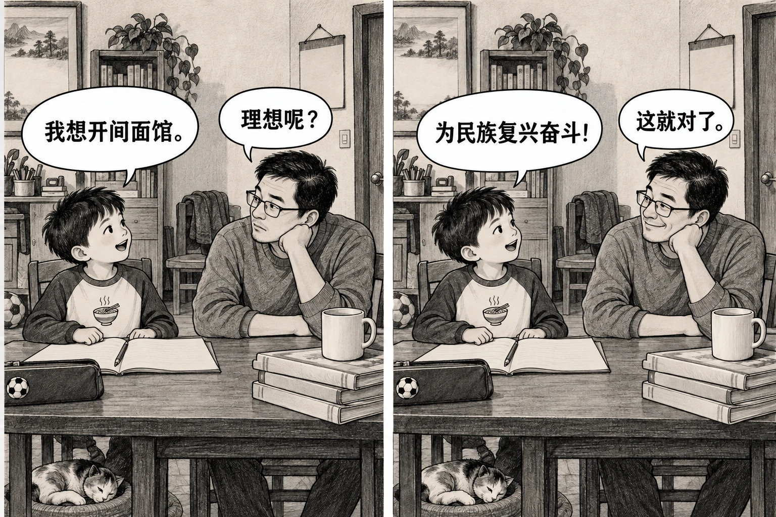 孩子说想开间面馆，被家长追问“理想呢？”，改说“为民族复兴奋斗！”后，家长微笑说“这就对了。”