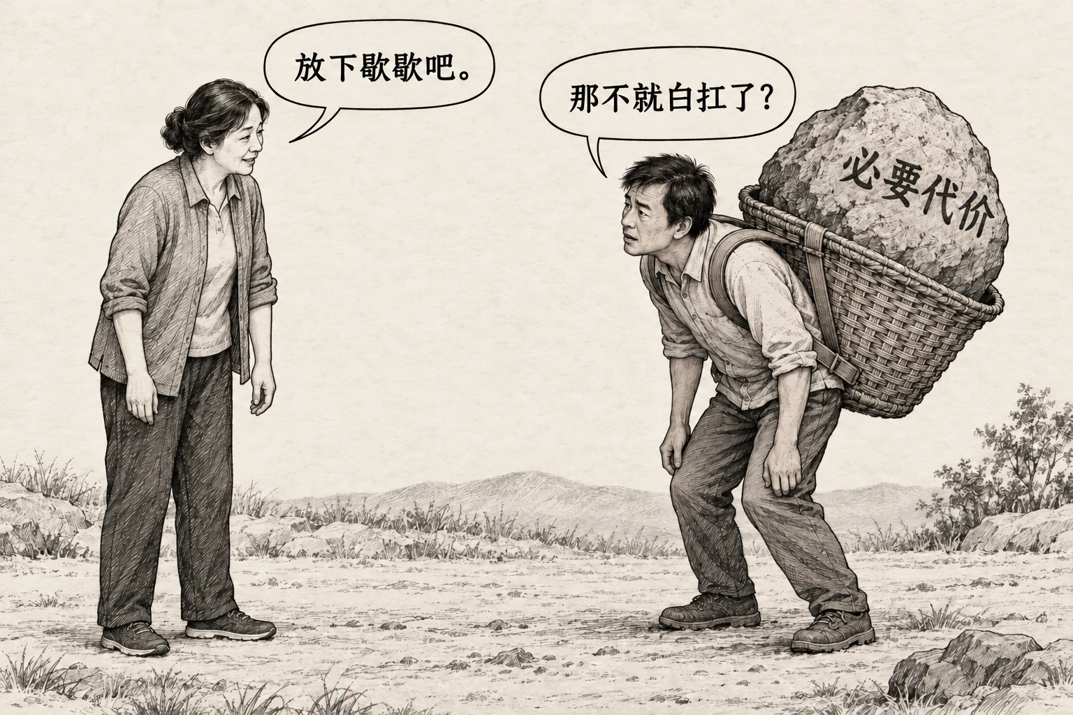 一人背着标有“必要代价”的巨石，旁人劝他放下歇歇，他回答“那不就白扛了？”