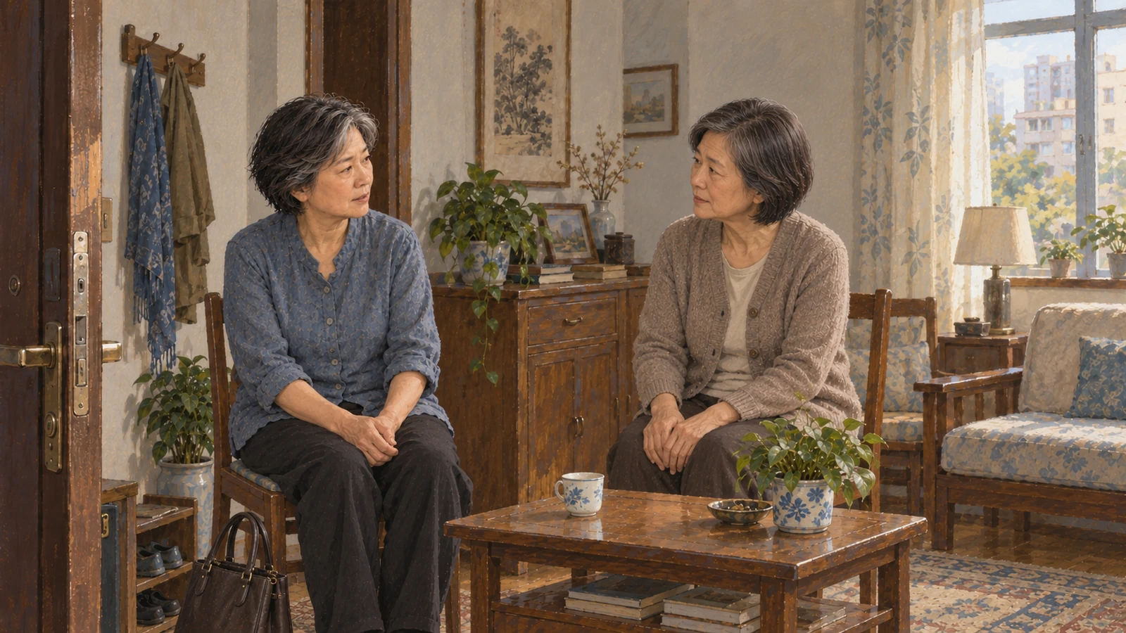 两位灰黑短发的成年女子在木门旁相对坐着,蓝衣女子向同伴说话,深色手袋放在椅旁,茶几上放着蓝白茶杯。