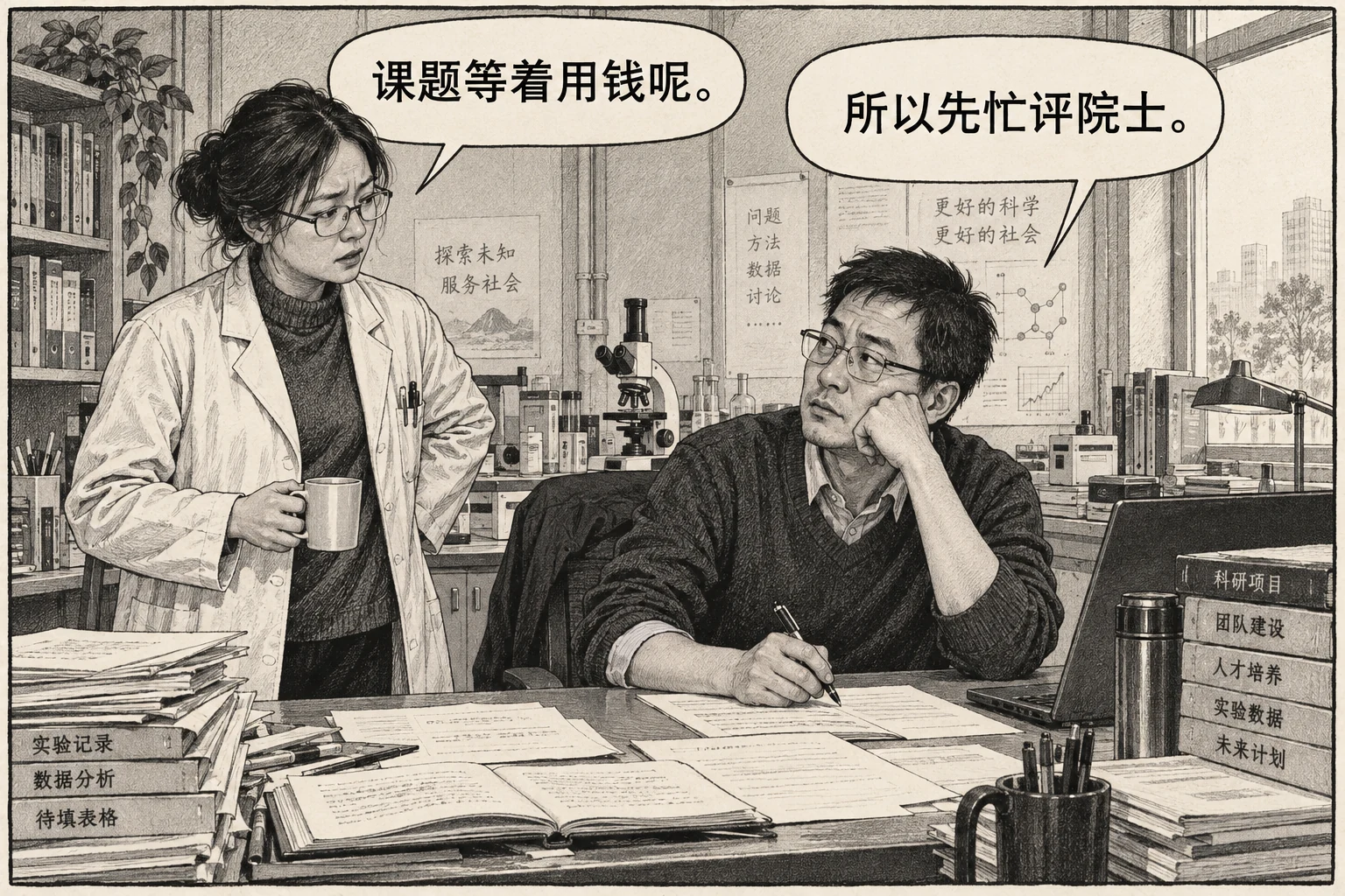 研究者谈课题经费,另一人答所以先忙评院士。