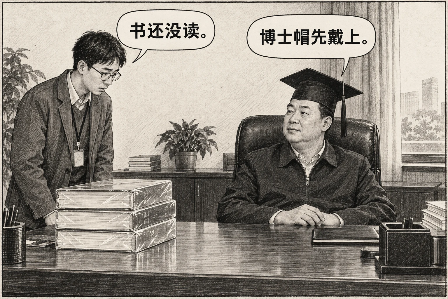 桌上厚书尚未拆封,官员已经戴上博士帽;助理说书还没读,他答博士帽先戴上。