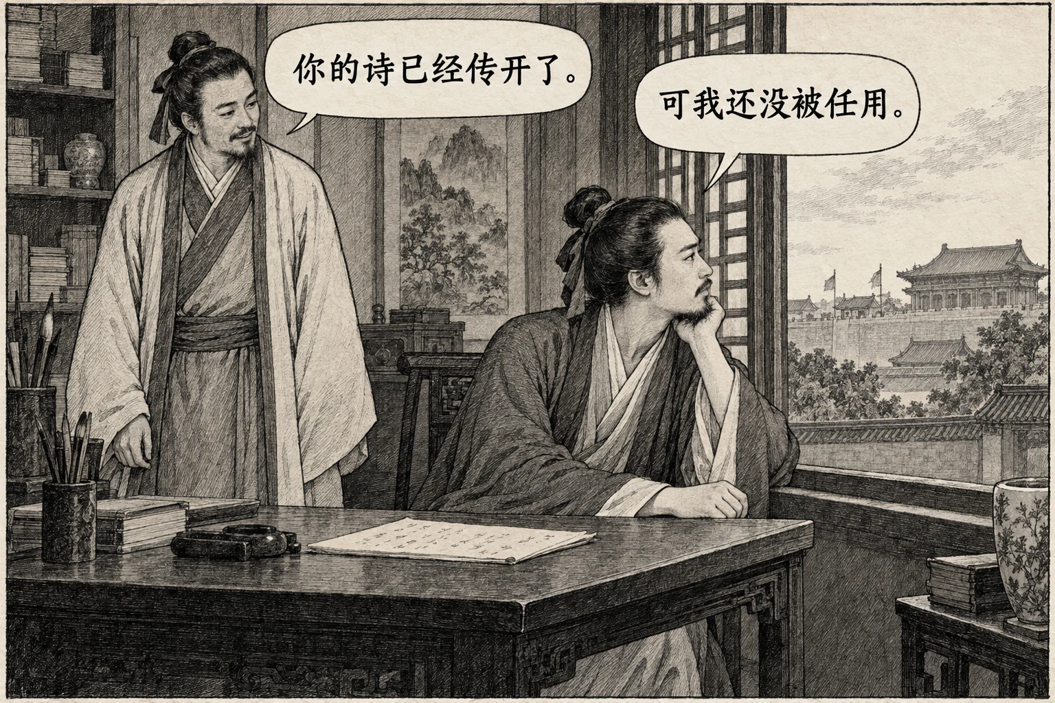 古代友人说诗已经传开,文士望向窗外官署,答自己还没被任用。