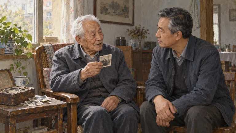 白发父亲手拿一张旧照片讲述，头发灰白的儿子坐在旁边看着他；窗边木桌上有打开的照片盒和几张旧照片。