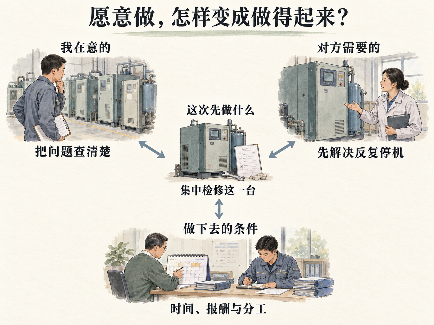 淡彩关系图:“我在意的”“对方需要的”“做下去的条件”三个场景,各以双向箭头连接中央“这次先做什么”;中央是一台设备及检修安排,标注“集中检修这一台”。