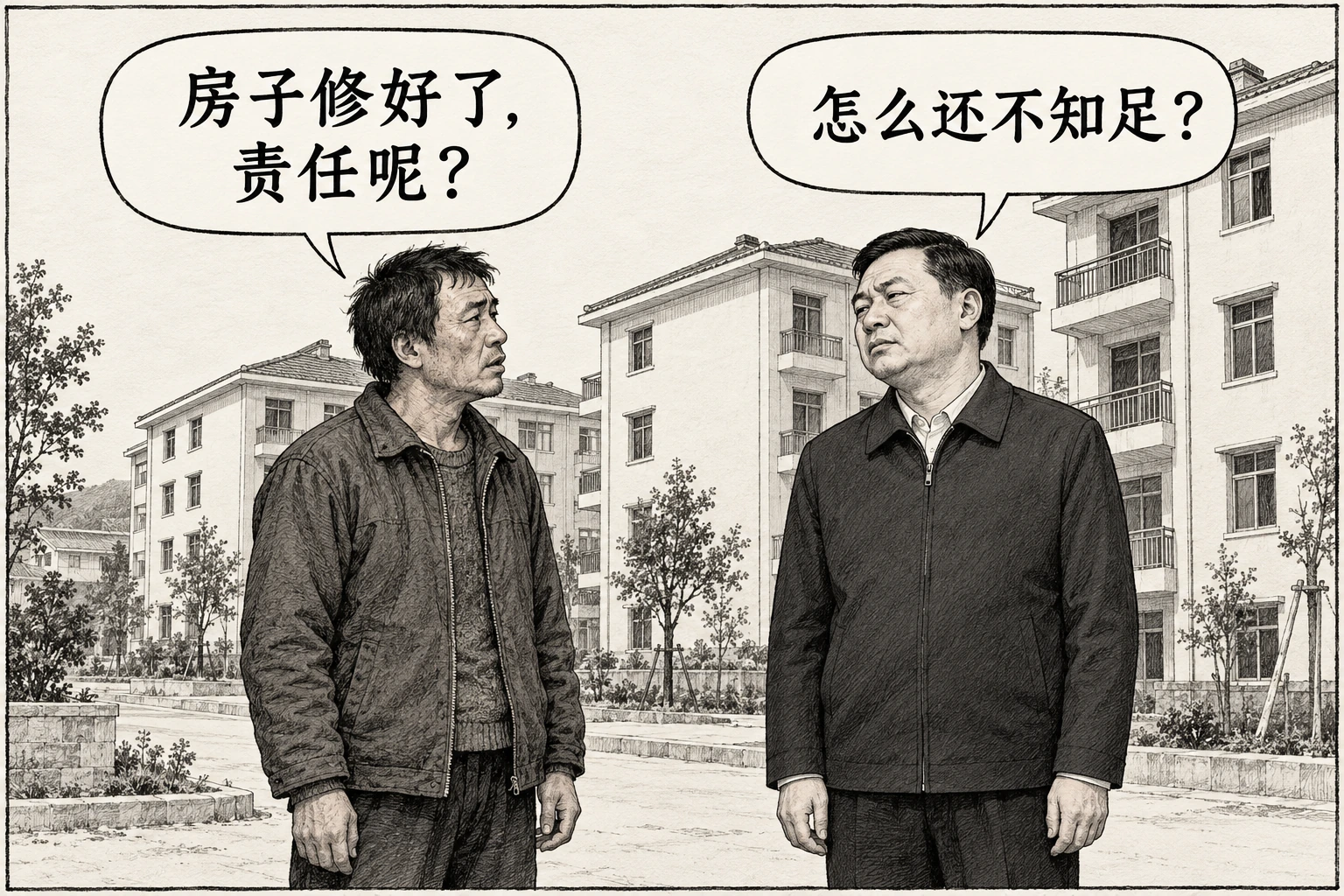 重建住宅前，居民问“房子修好了，责任呢？”，办事员答“怎么还不知足？”。