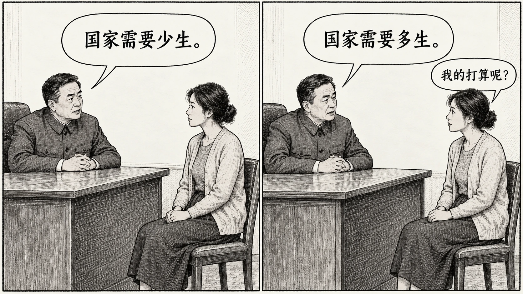 双格画面中，干部先说“国家需要少生”，后说“国家需要多生”；女性用较小的气泡问“我的打算呢？”。