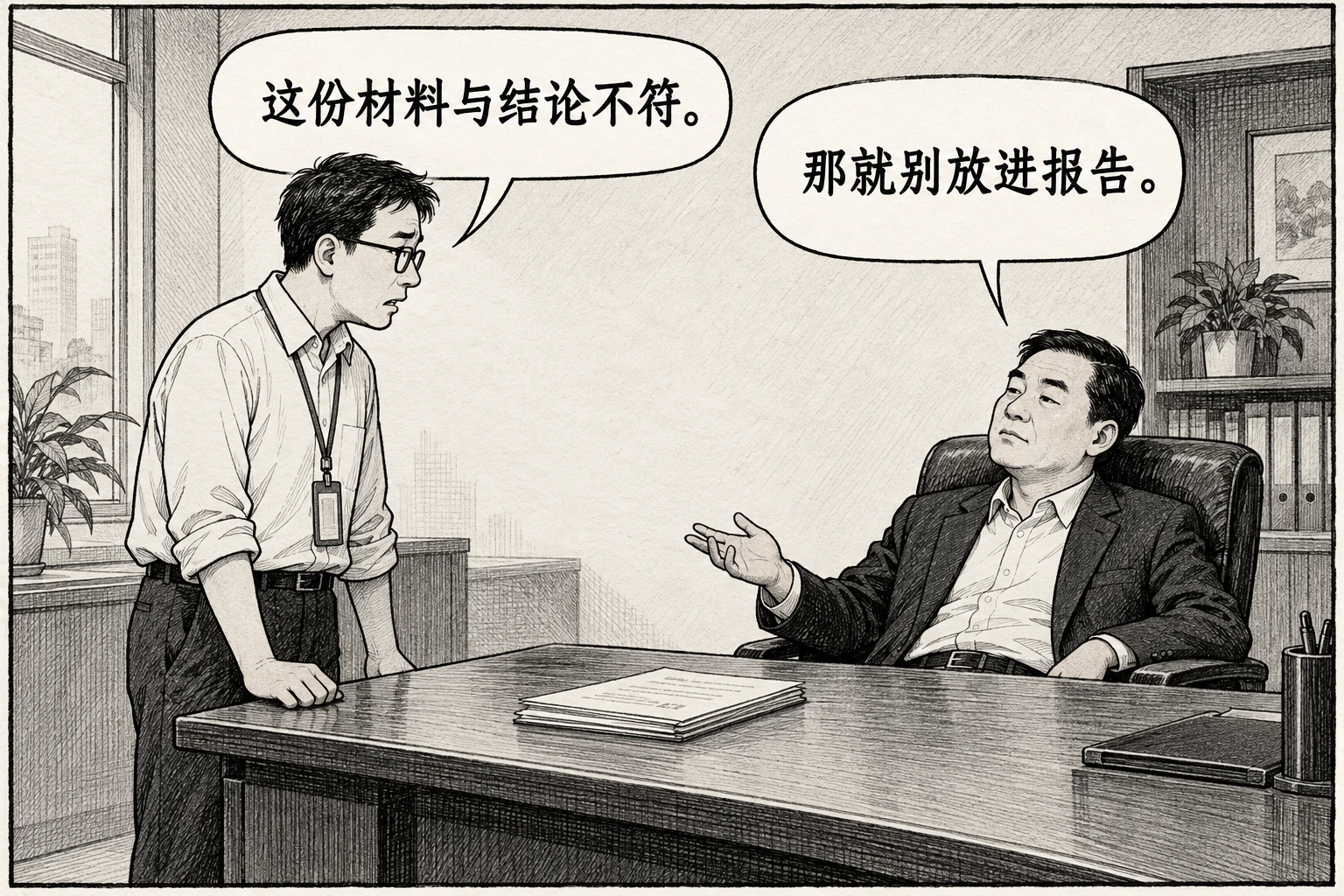 工作人员站在桌旁说“这份材料与结论不符。”，坐着的负责人抬手答“那就别放进报告。”；材料平放在两人之间的桌上。