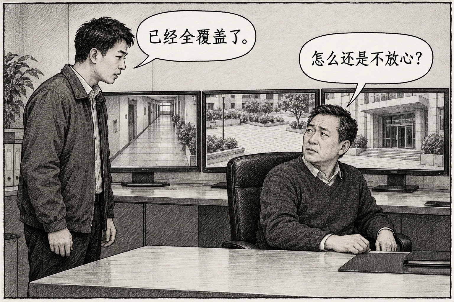 监控室中，三块屏幕分别显示走廊、院落和大门。站着的助手说“已经全覆盖了。”，坐着的负责人皱眉问“怎么还是不放心？”。