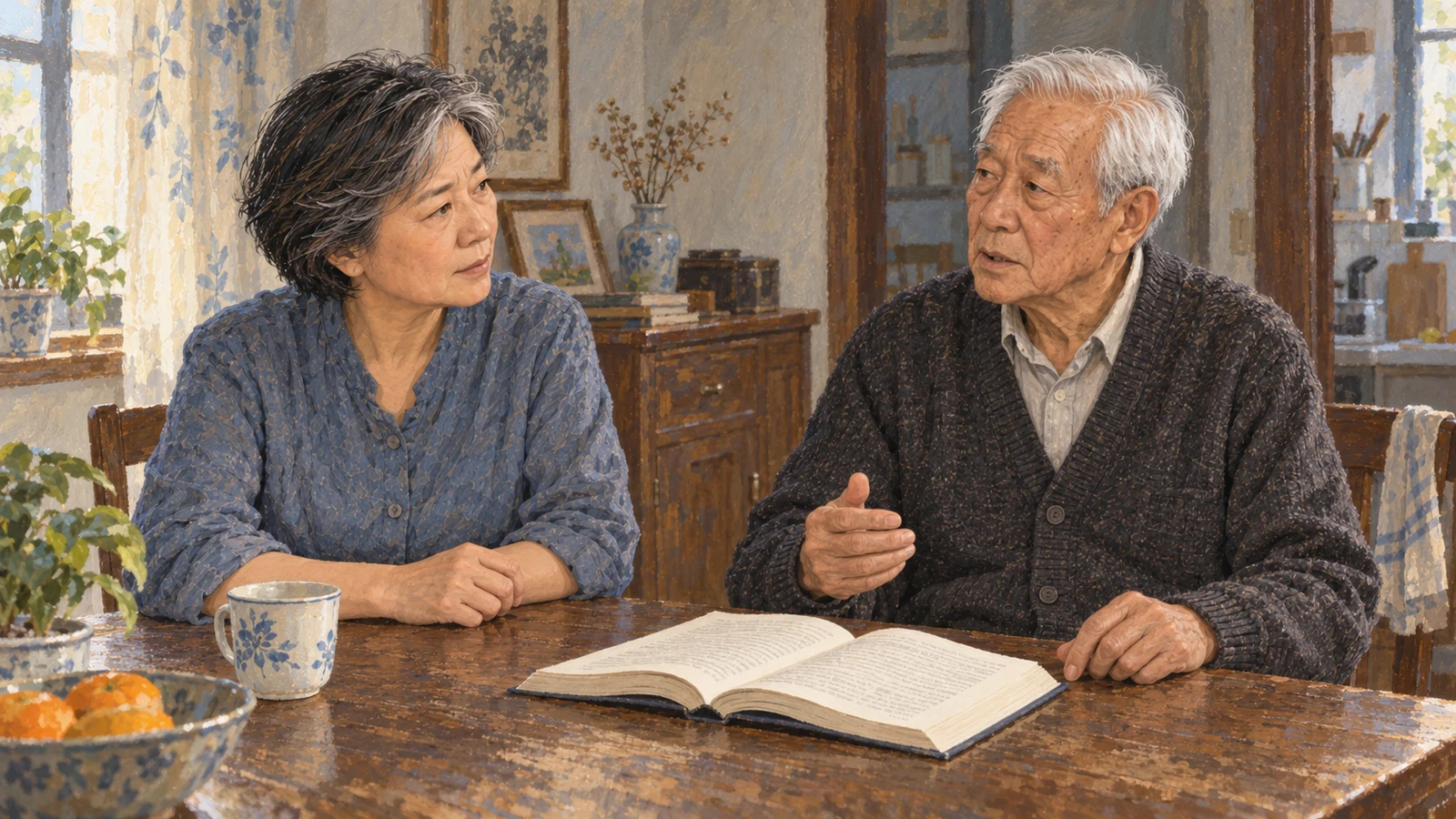 白发父亲坐在木桌旁开口说话，抬起一只手，头发灰白的女儿转向他倾听；桌上摊着一本书。