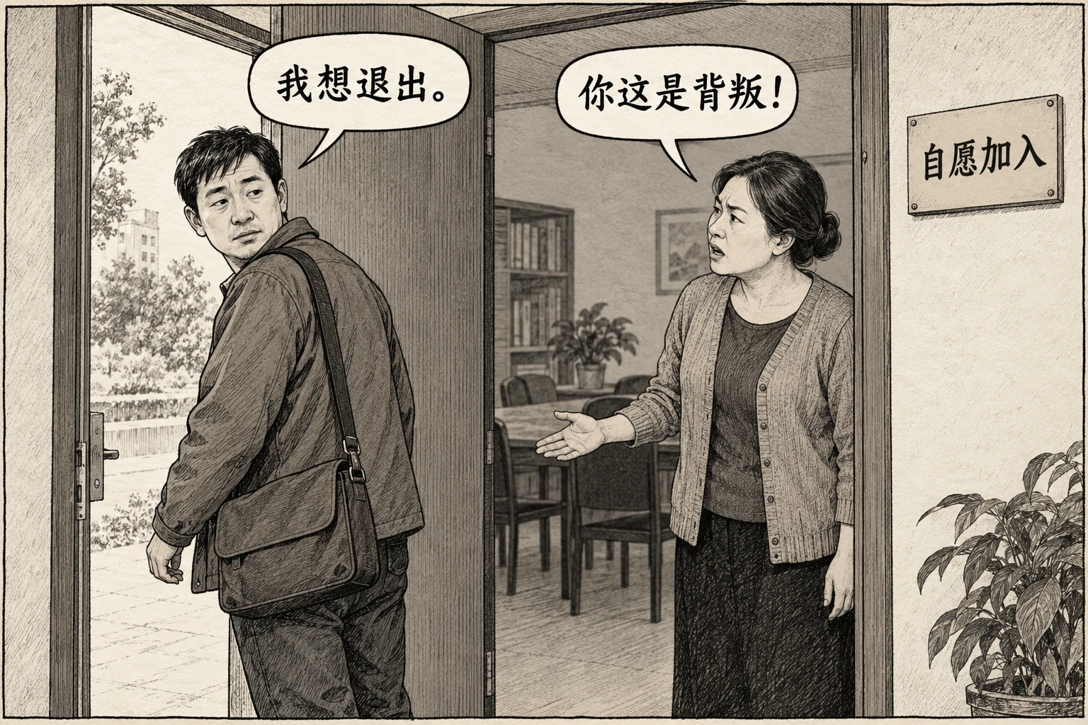 门旁写着自愿加入，一人提出退出，另一人责备这是背叛。