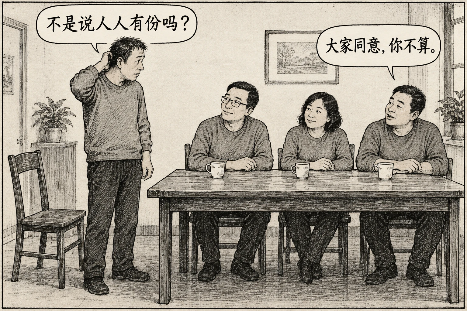 站在桌旁的人问不是说人人有份吗，坐着的成员答大家同意，你不算。