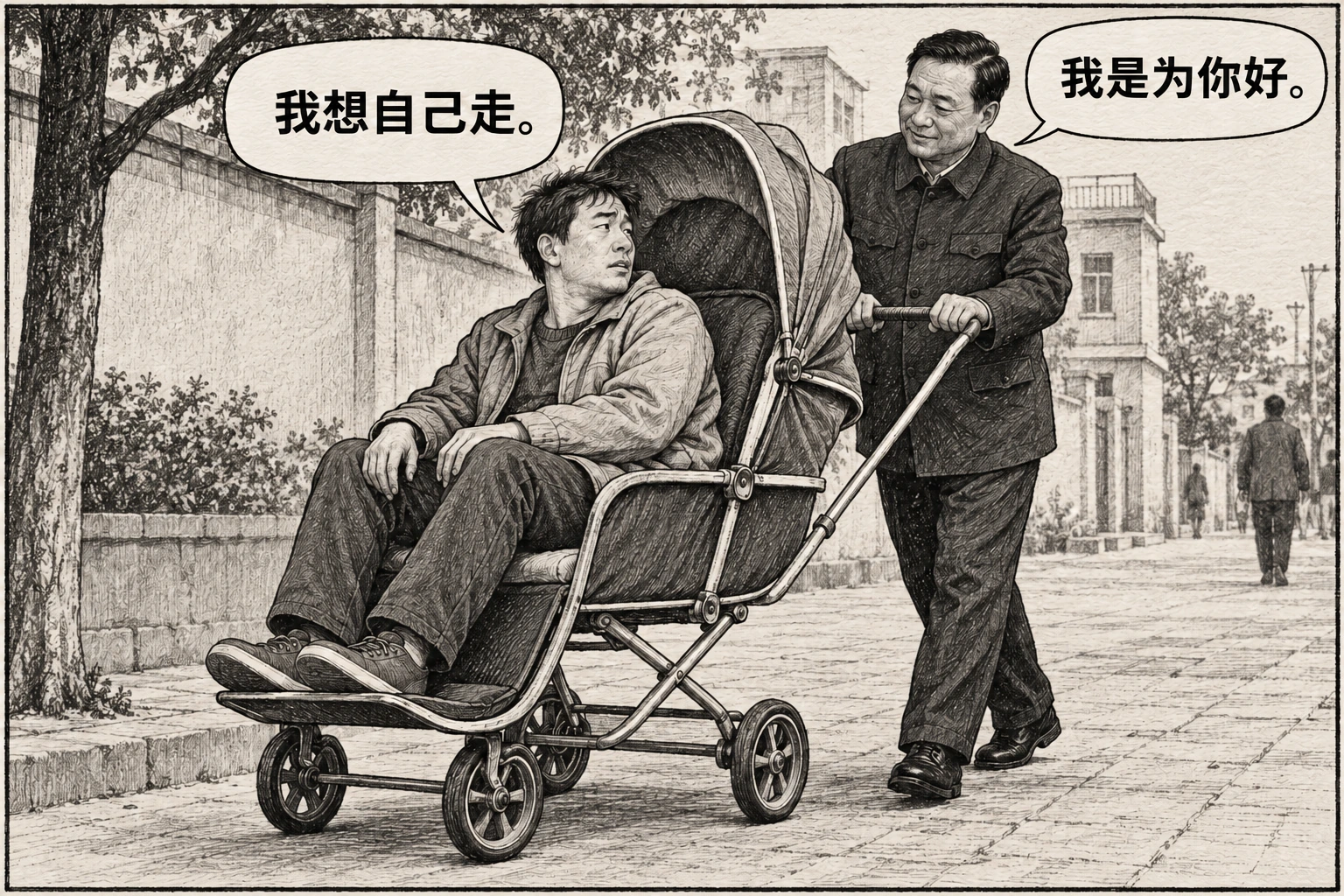 成年人坐在婴儿推车里想自己走,干部模样的照顾者答我是为你好。